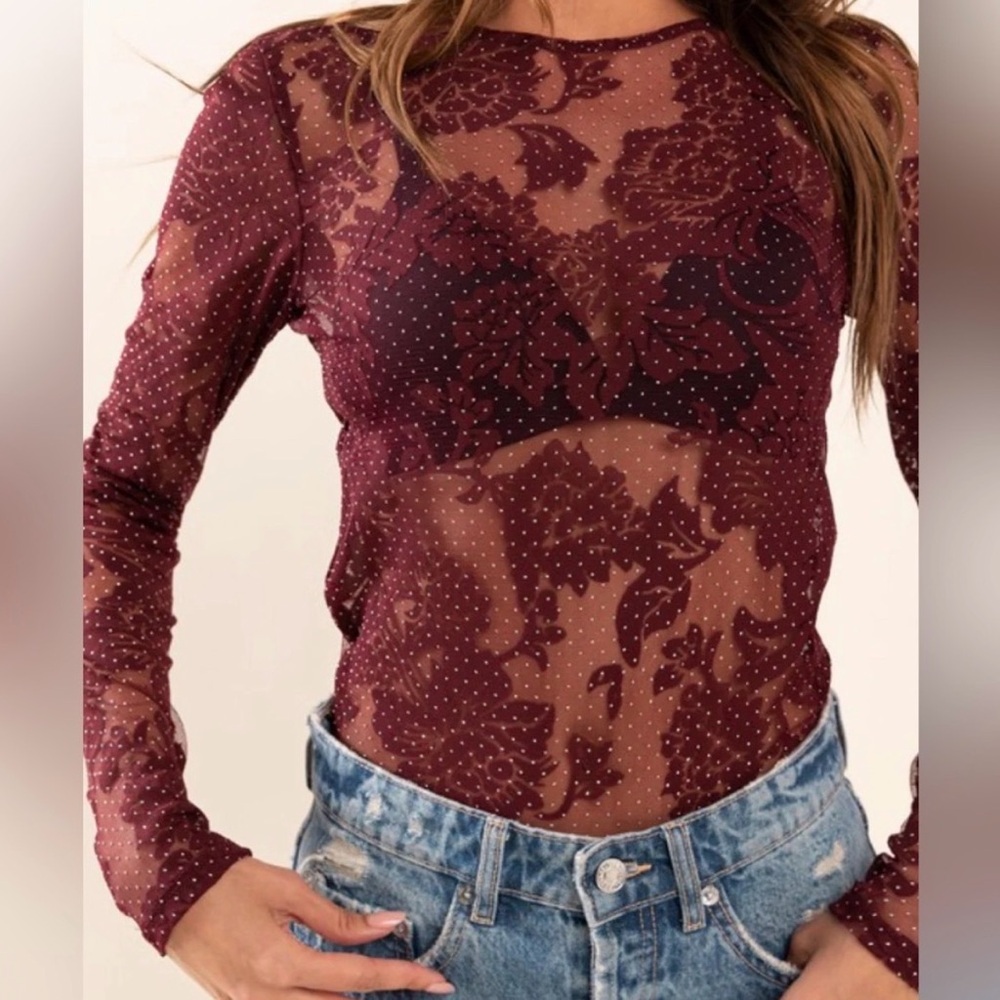 Ces Femme floral mesh Burgundy Lace woman’s bodysuit - Picture 8 of 13